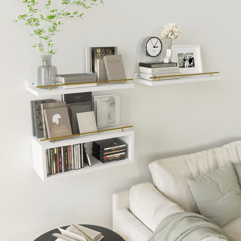 Floating Shelves For Wall With Cube Shelf, Wall Shelves With Metal Rail For Decor, Bathroom Organizers And Storage, Over Toilet Shelves For Bathroom, White&Gold