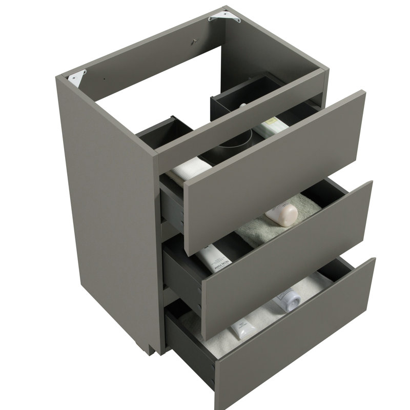 Cabinet gris pour salle de bain, 3 tiroirs, pré-assemblé, maximise la capacité de rangement du plancher de salle de bain en gris, rangement, ergonomique, pré-assemblé