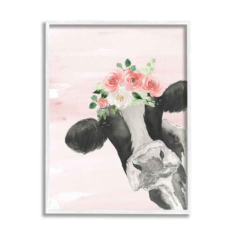 Vache laitière, aquarelle, portrait, couronne florale rose, impression, H 20 po x l 16 po x P 1,5 po
