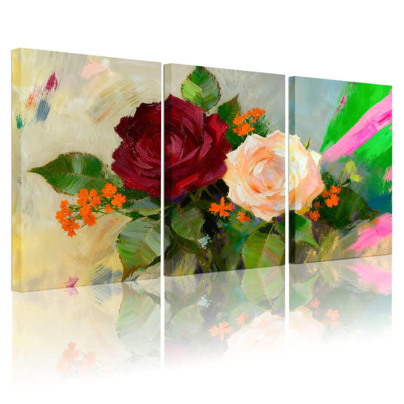 Ensemble de 3 reproductions d'art sur toile, roses et feuilles vertes, H 24 po x l 48 po