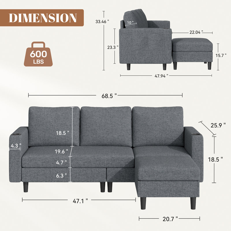 Modern L-Shaped Sectional Sofa with Chaise USB Charging Port and Storage, Gray Linen