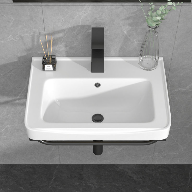 Lavabo de salle de bain mural en céramique avec support en acier inoxydable et trou pour robinet L 20 po x l 14 po