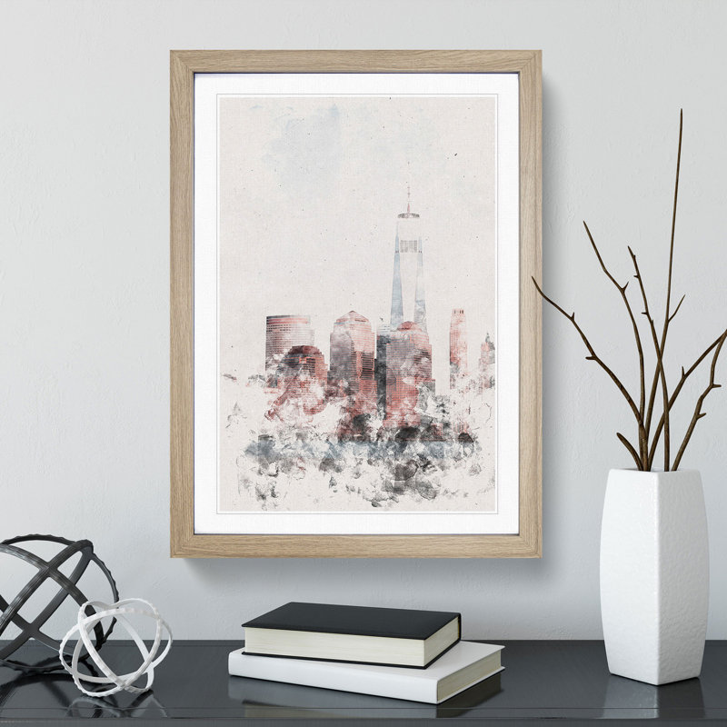 Downtown New York City Skyline Watercolour - Picture Frame Graphic Art, 87cm H x 62cm W x 2cm D, Oak Framed