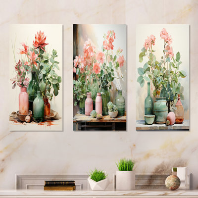 «Floral Artisanal Pottery Perfection I», ensemble de 3 reproductions d'art en métal Boho Pottery