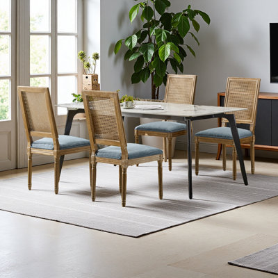 [Ensemble de 4] Chaises de salle à manger de style champêtre français - Dossier élégant en canne et sièges rembourrés avec pieds cannelés - Finition rustique vieillie