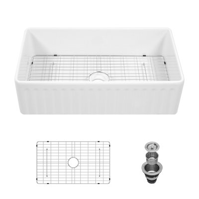 33" L x 18" W Single Basin Farmhouse Apron Kitchen Sink White Ceramic Kitchen Sink with Grid and Strainer