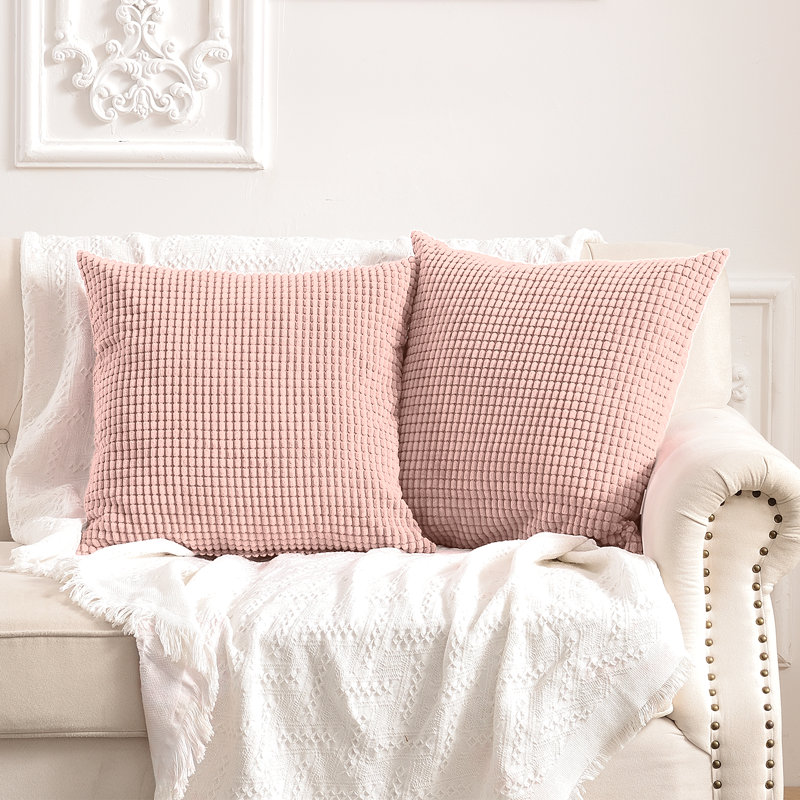 Housse de coussin carré à carreaux, 16 po x 16 po, Rose doux