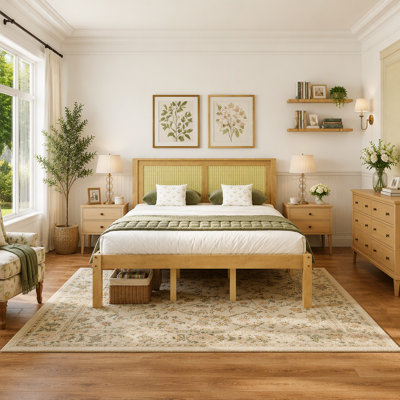 Lit plateforme Queen en bois massif avec tête de lit en rotin, style bohème champêtre, rangement sous le lit, sommier non requis, bois naturel