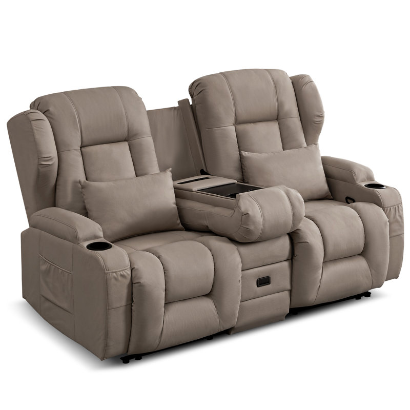 Loveseat Recliner with Flip-Top Storage Console, Manual Double Reclining Sofa with Pockets, Cup Holders, and Pillows