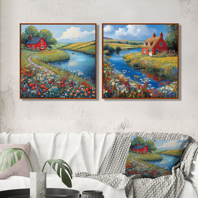 Cottage par la rivière I - campagne Wall Art - Art mural de campagne pour le salon 2 pièces