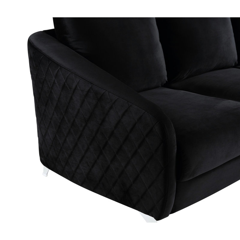 : Velours de 77,5 po, pieds en métal et assise à 22 po de profondeur avec motif à losanges et coussin de 7 po d'épaisseur