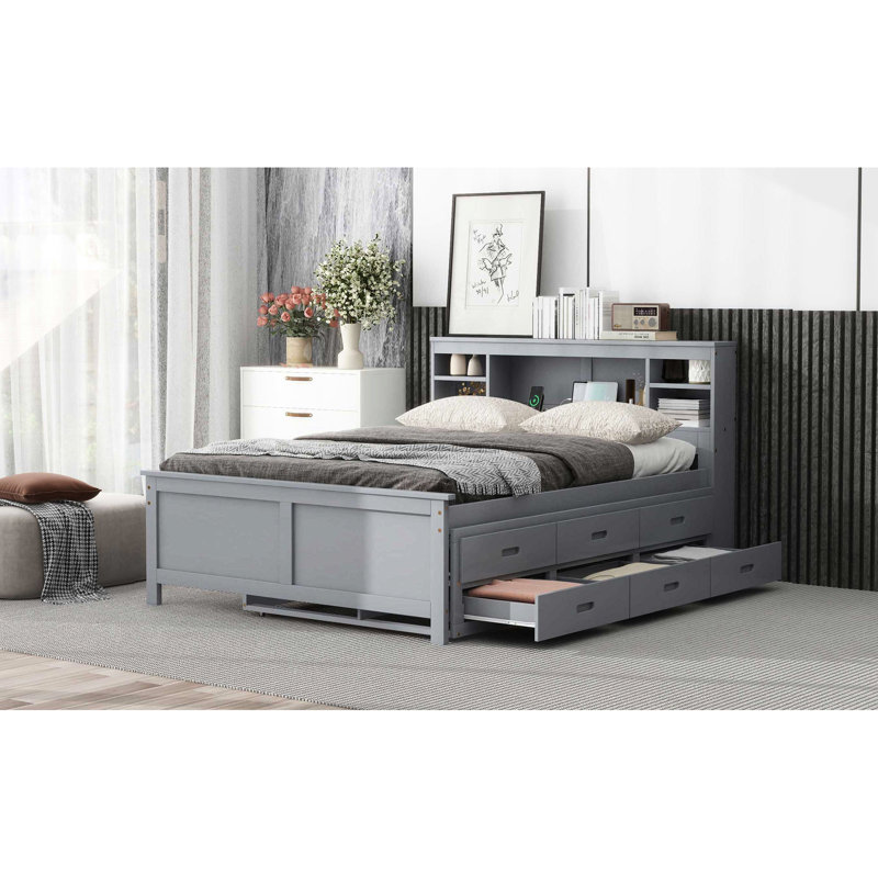Lit double gris avec rangement pour tête de lit, 3 tiroirs et lit gigogne simple - Tête de lit, lit gigogne et rangement pratiques