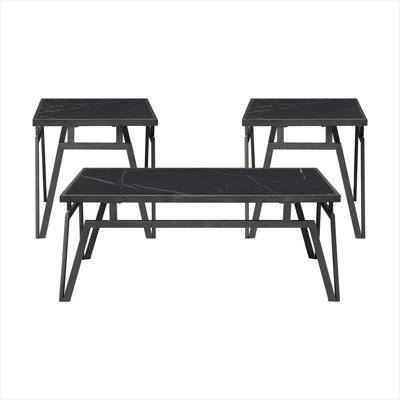 Ensemble de tables d'appoint avec dessus en pierre frittée noir foncé et base en métal, table basse rectangulaire 3 pièces et deux tables de bout