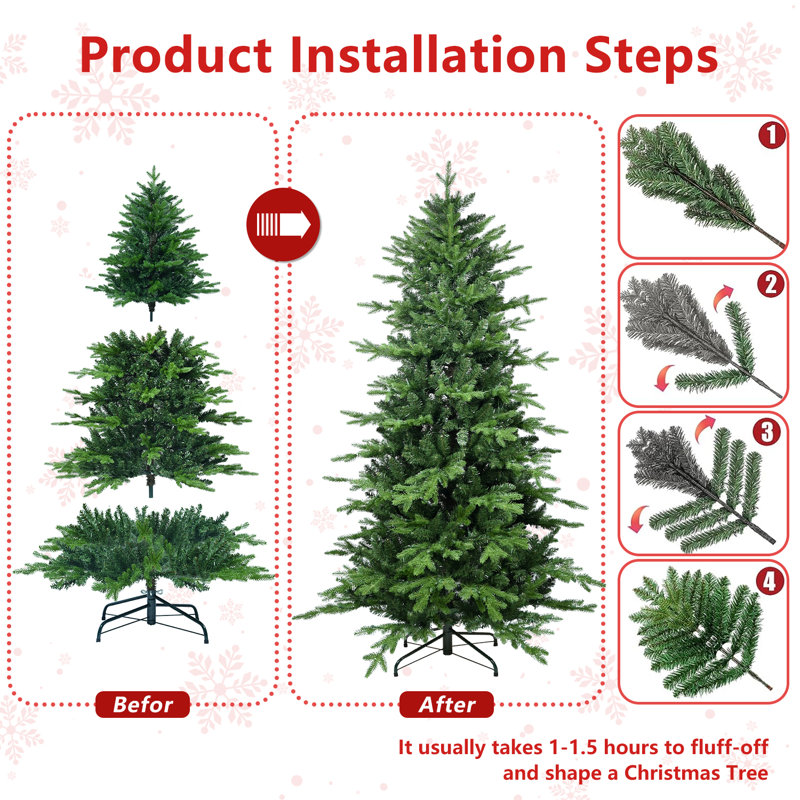 Arbre de Noël 4 pi en PVC vert + PE, 919 pointes - Arbre à charnières plein et luxuriant avec support en métal, assemblage facile