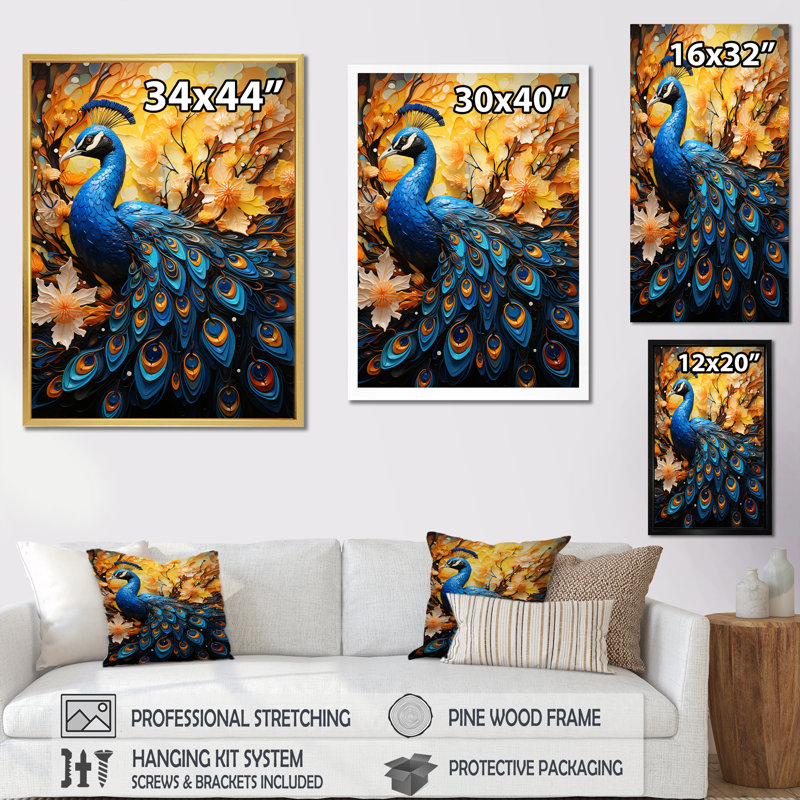 Majestic Flowerful Peacocks Harmony II sur toile, Cadre photo doré simple, H 32 po x l 16 po x P 1 po