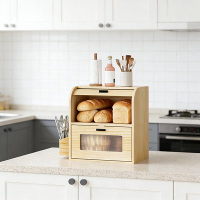 Vintage Wooden Bread Box With Roll Top Window And Side Storage, Large Capacity Kitchen Countertop Organizer For Bread, Baked Goods, And Kitchen Supplies