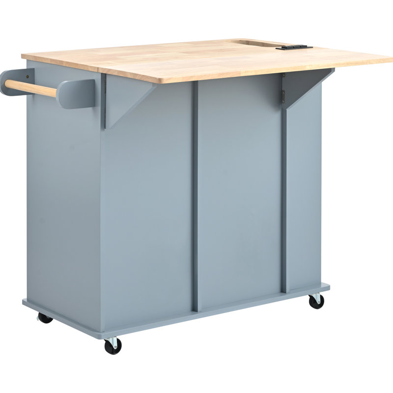 Îlot de cuisine gris-bleu avec prise de courant et cadre pliable, 5 roulettes, rangement ouvert, support à vin pour abattant, bleu, 5 roues