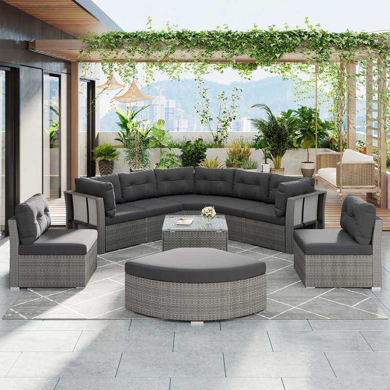 Ensemble de meubles de patio Mobilier d'extérieur Méridienne en rotin Ensemble de sièges de patio avec coussins et table centrale pour patio, pelouse, jardin