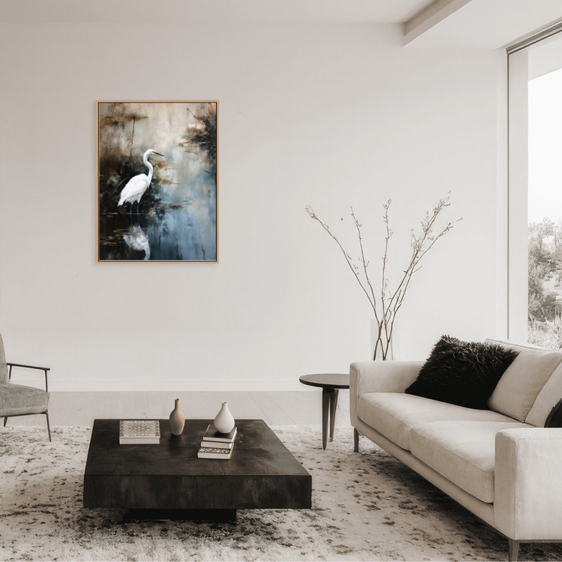 Nature Inspired Egret In Lake, 30" H x 24" W x 1.125" D, Brown, Framed Print