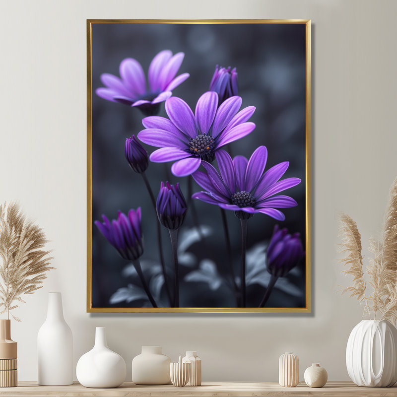 Mono mauve noir nuances marguerites - marguerites murales art de salon, Cadre flottant doré, H 24 po x l 32 po