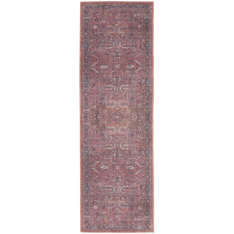 Brick Red Floral Cotton Chenille Runner Rug 2'2" x 12'