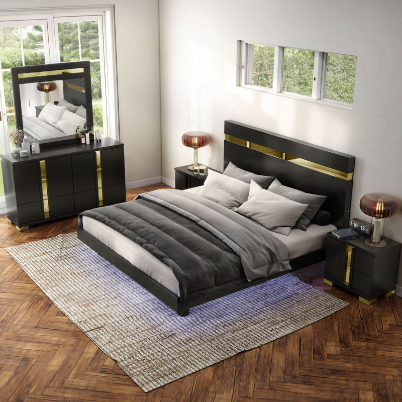 Ensemble de chambre avec lit plateforme 3 pièces Clemson, Noir, 3 Pcs: Bed, 2 Nightstands, Grand