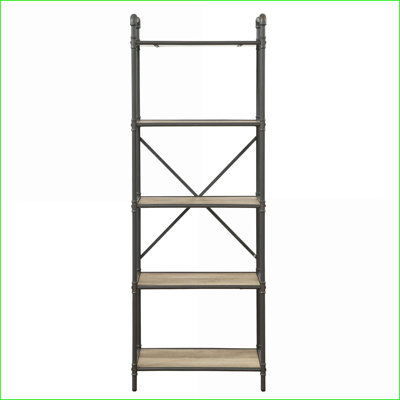 Bibliothèque, bois industriel à 5 tablettes + métal, chêne antique et amp; Gris clair, H 63,5 po | Dossier ouvert