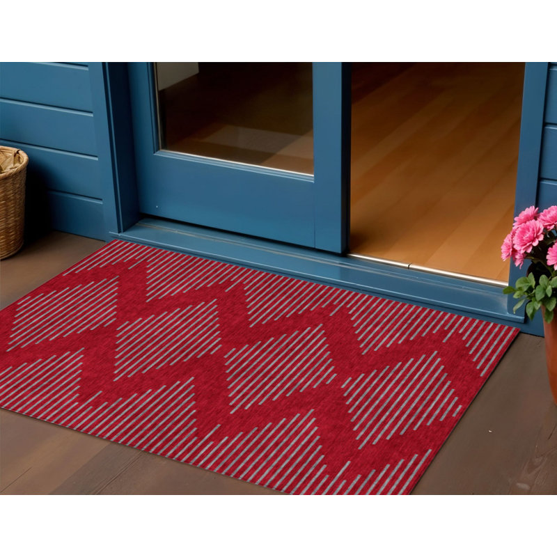 3' X 5' Red And Gray Geometric Washable Indoor Outdoor Area Rug