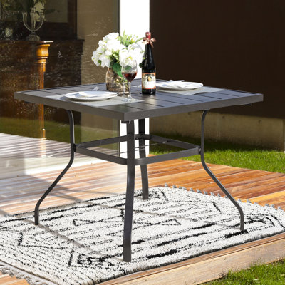 Outdoor Square 37 Inch Iron Long Dining Table with 1.57'' Umbrella Hole, Slatted Tabletop and Powder-coated Iron Frame, for Patio