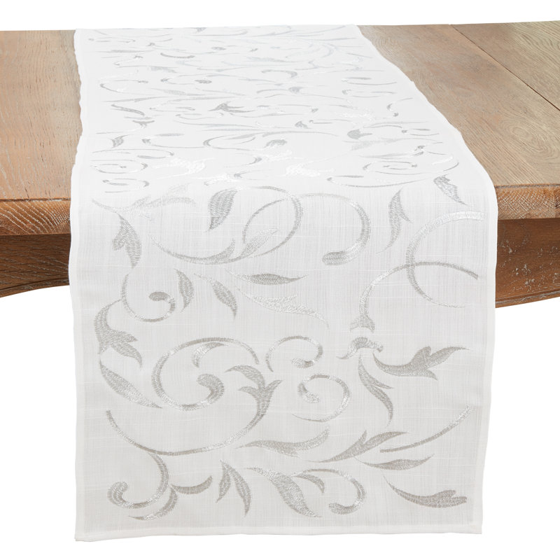 Silver Botanical Embroidered Leaves Polyester Table Runner
