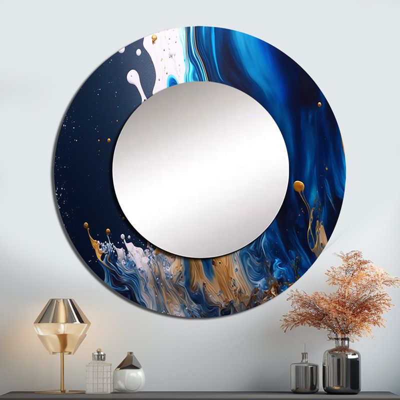 Raiko Ice Paint Splash I - miroir décoratif à spirales abstraites, miroir mural rond bleu, impression d'art en métal