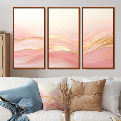 Or et rose, vague douce Fusion II - formes abstraites, ensemble d'art mural
