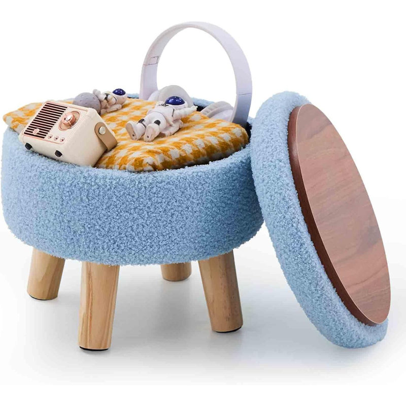 Repose-pieds rond avec repose-pieds en bois et rangement bleu