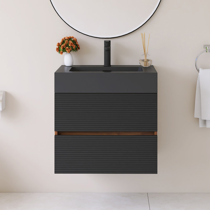 24" Wall-Mounted  Bathroom Vanity With Black Solid Surface Basin, 24"