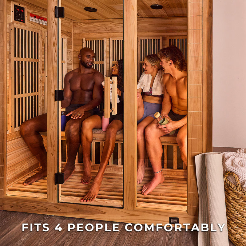 Sauna infrarouge d'intérieur en cèdre pour 4 personnes avec 10 chauffages infrarouges lointains, thérapie par lumière rouge et chromothérapie