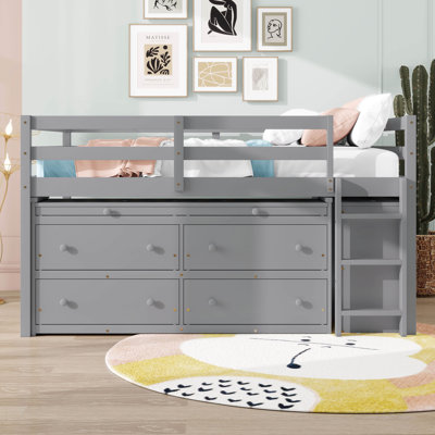 Lit mezzanine double avec bureau d'écriture rétractable et 4 tiroirs, bureau portatif latéral et tablettes, lit mezzanine peu encombrant pour enfants