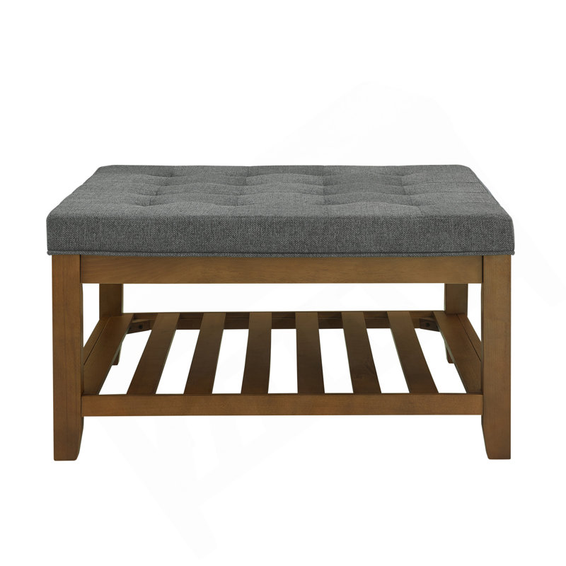 Grande table basse avec repose-pieds carré en lin capitonné avec tablette et cadre en bois de hêtre, repose-pieds surdimensionné pour le salon, gris foncé