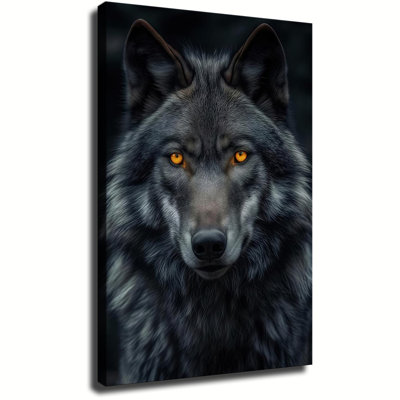 Tableau grand format sur toile représentant un loup sombre, décoration murale avec des loups majestueux aux yeux ambrés, portrait d'animal sauvage