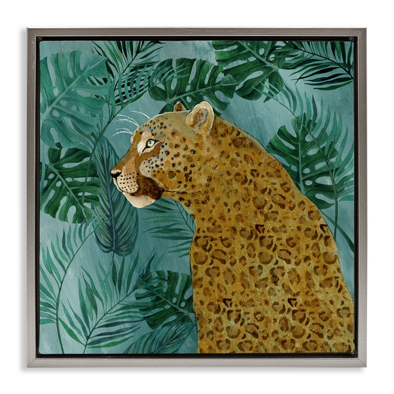 «Monstera & Palms Cheetah Floater», art mural sur toile par Janet Tava, H 25 po x l 25 po, Cadre flottant gris lustré