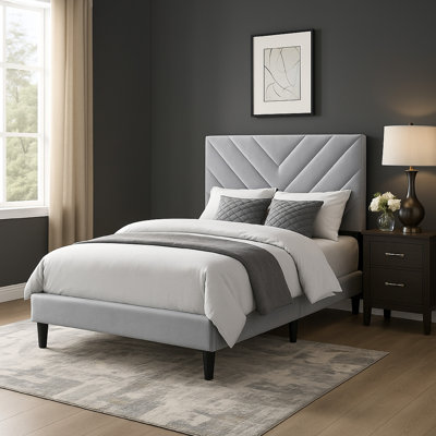 Lilian Bed, Tufted Velvet Upholstery, Chevron Stitch by Benjara