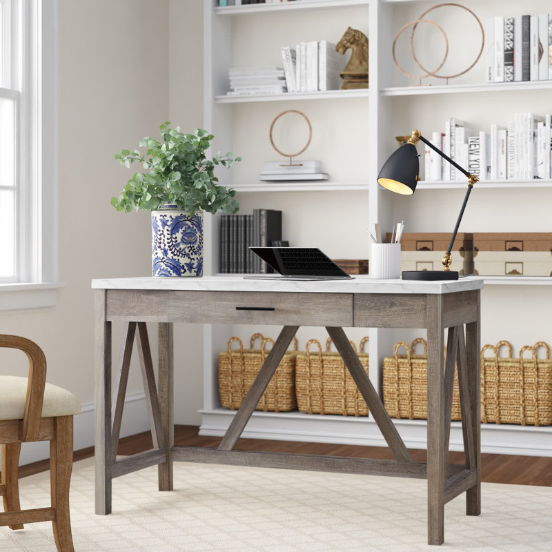 Cardiss 46" A-Frame Writing Desk, Faux White Marble/Gray Wash