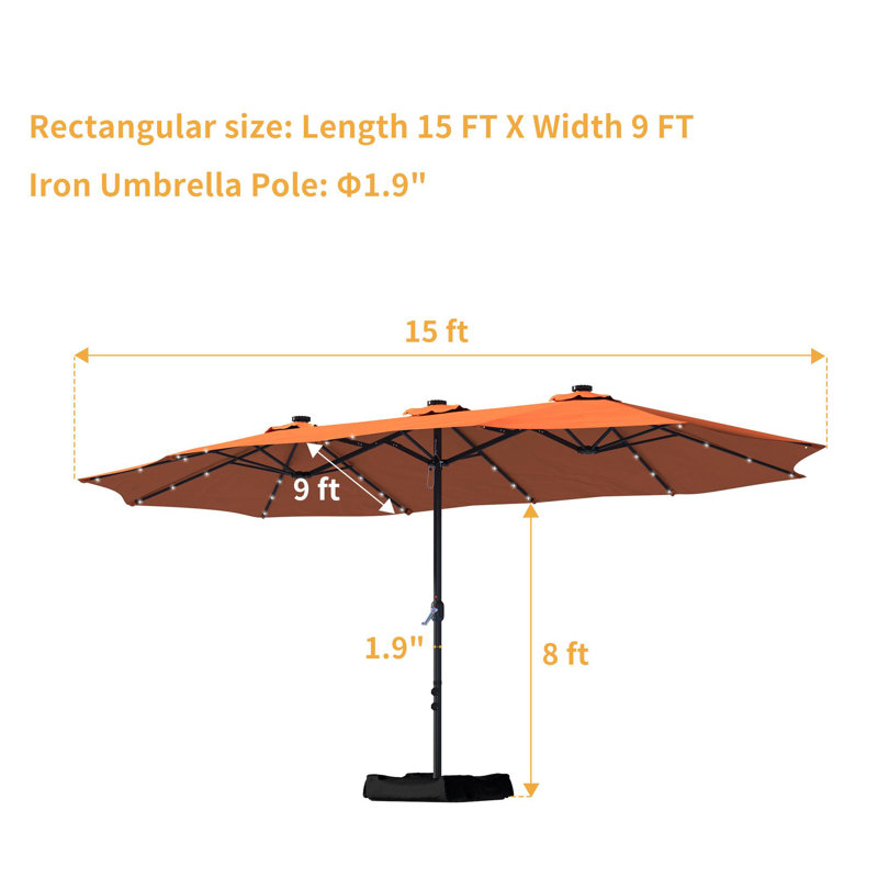 Parasol de patio 15 pi avec base et DEL 15 pi, Orange