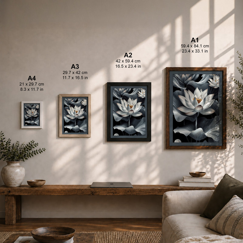 Moonlit Lotus Bloom Botanical - Framed Print, Unframed, A2 - 59.4 x 42.0 cm