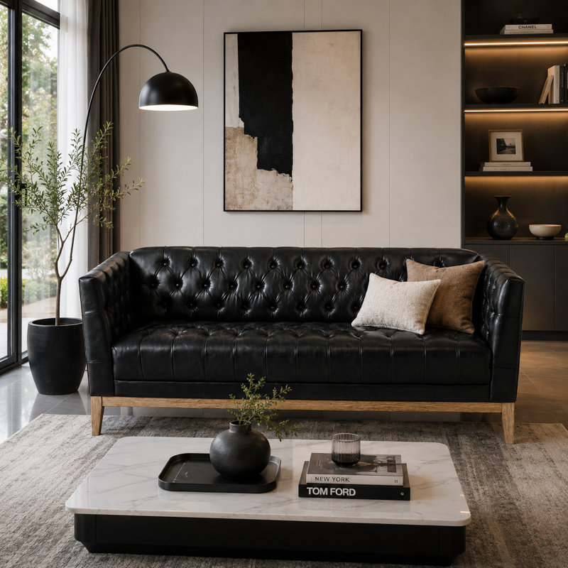Canapé Chesterfield 79" en polyuréthane avec capitonnage à boutons pour salon vintage, Polyuréthane noir