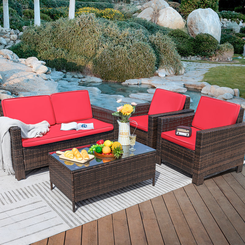 4 - Person Patio Conversation Set with Cushions, Red, Brown