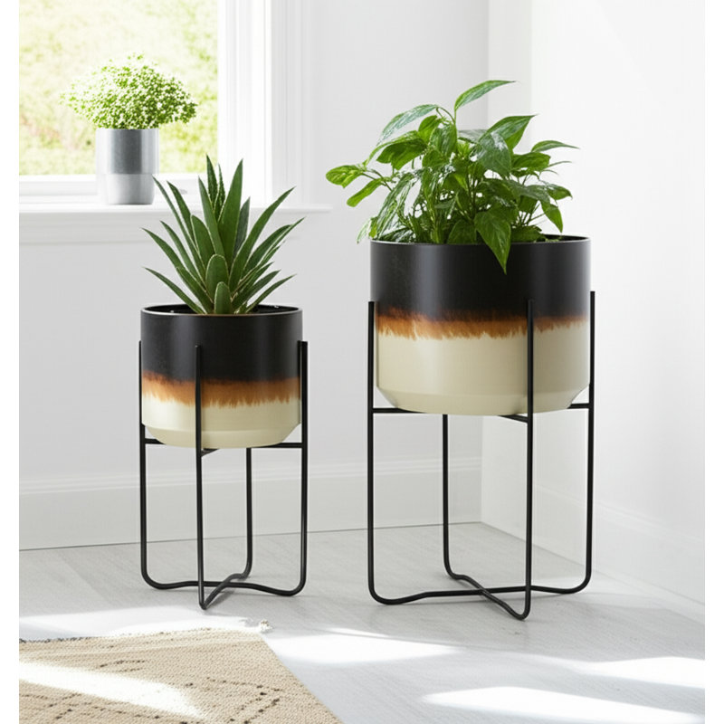 Pot à fleurs d'extérieur moderne avec supports en métal pour décoration intérieure - Pots de fleurs d'intérieur modernes pour le salon ou le patio - Brun