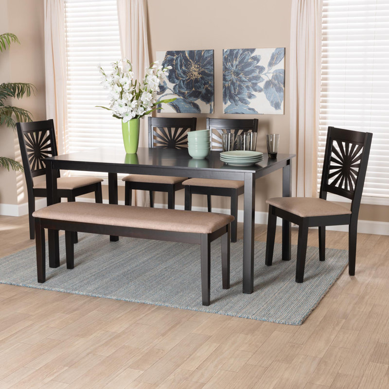 6 - Person Four Leg Dining Set, Espresso Brown, Espresso Brown/Beige