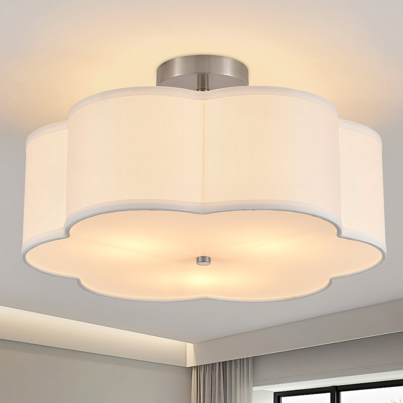 Plafonnier semi-encastré 3 lumières en lin moderne, Nickel brossé