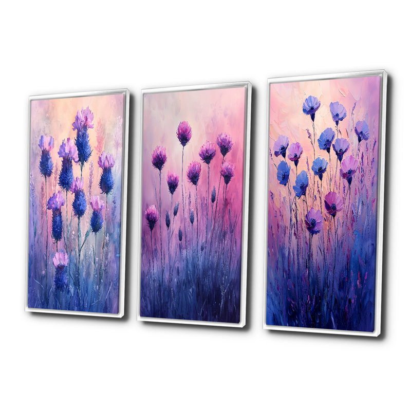 Rêve de champs de bleuet en mauve I - Collection d'art mural Cornflowers, H 32 po x l 48 po, Impression encadrée flottante
