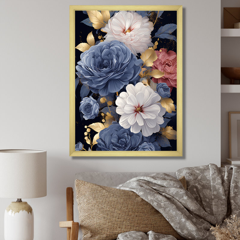 «Blue Rose Elegance IV - Rose», art mural, Cadre doré simple, H 40 po x l 30 po x P 1,5 po